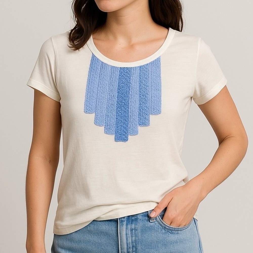 Statement T-shirt Top Short Sleeve White & Blue Stitched Front Panel Design XS